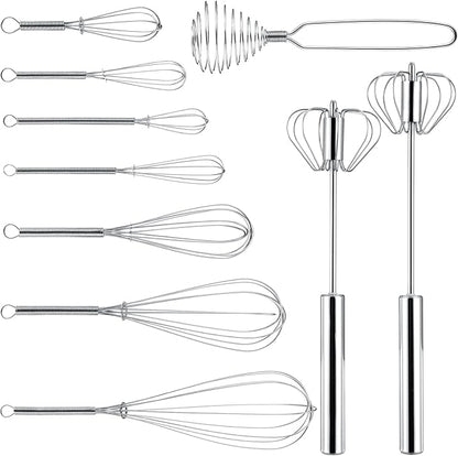 Teenyyou 10 Pcs Stainless Steel Whisks Set Egg Beater Semi Auto Whisk Blender Hand Push Beater Versatile Utensil for Kitchen Mixing Blending Beating Stirring Cooking 3 5 6 7 8 10 12 Inch by Teenyyou