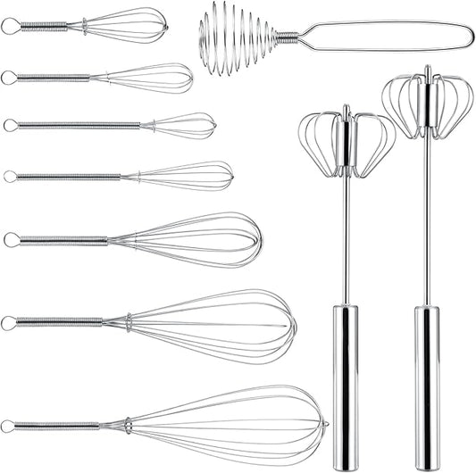 Teenyyou 10 Pcs Stainless Steel Whisks Set Egg Beater Semi Auto Whisk Blender Hand Push Beater Versatile Utensil for Kitchen Mixing Blending Beating Stirring Cooking 3 5 6 7 8 10 12 Inch by Teenyyou
