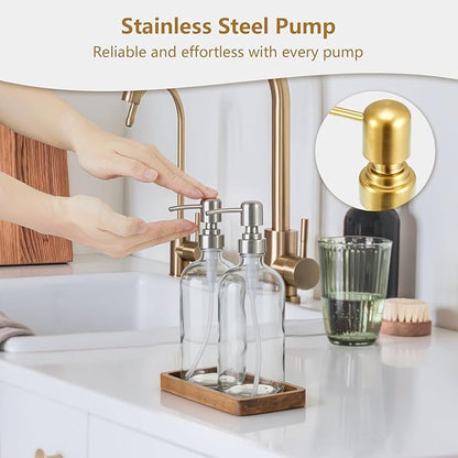 Clear Glass Soap Dispenser Set with Acacia Wood Tray, Refillable Hand Soap Pump Bottle for Kitchen, Bathroom Countertop, Modern Farmhouse Soap Dispenser Set