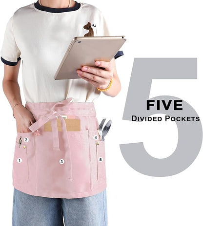 Server Apron with 5 Pockets - Rivet buckle Unisex Short/Half Waiter Waist Short Apron