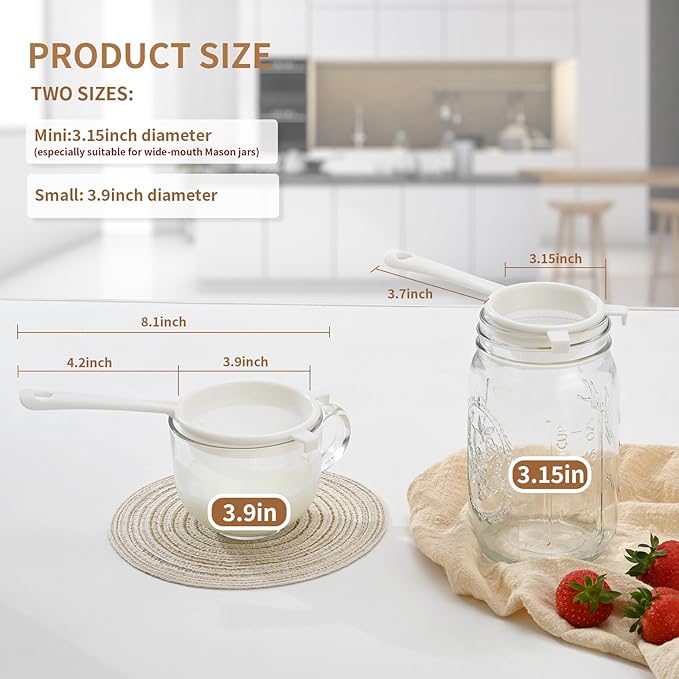 Luckyiren Kefir Strainer Set, Plastic Non-Metal Sieve with Fine Mesh, 3.15 and 3.94 Inch, for Mason Jars, Milk and Water Kefir, Kombucha - Image 2