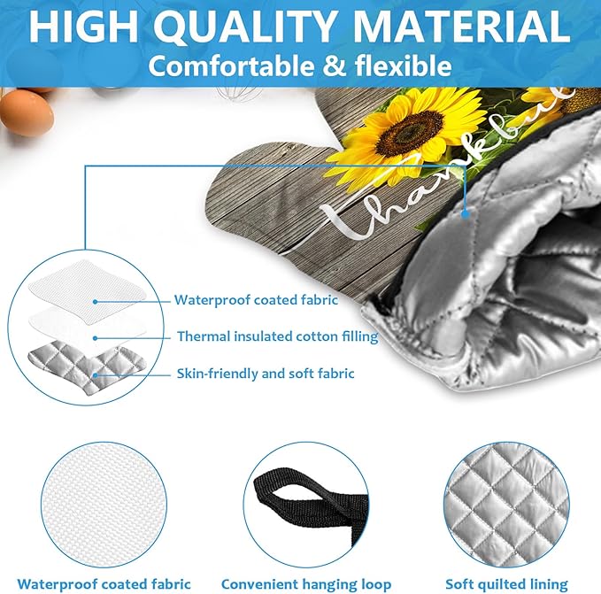 Sunflower Wood Grain Oven Mitts and Pot Holders Sets Heat Resistant 4Pcs Potholders Oven Gloves Hot Pads for Kitchen Baking Cooking Grilling BBQ