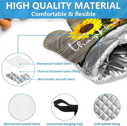 Sunflower Wood Grain Oven Mitts and Pot Holders Sets Heat Resistant 4Pcs Potholders Oven Gloves Hot Pads for Kitchen Baking Cooking Grilling BBQ