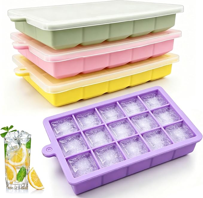 Silicone Ice Cube Trays with Lid, 4 Pack Easy Release Ice Cube Molds for Freezer, Stackable BPA Free Ice Trays for Whiskey, Cocktails, Coffee and Drinks