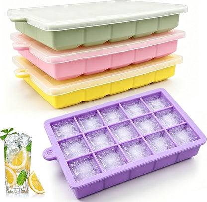 Silicone Ice Cube Trays with Lid, 4 Pack Easy Release Ice Cube Molds for Freezer, Stackable BPA Free Ice Trays for Whiskey, Cocktails, Coffee and Drinks
