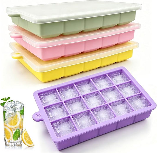 Silicone Ice Cube Trays with Lid, 4 Pack Easy Release Ice Cube Molds for Freezer, Stackable BPA Free Ice Trays for Whiskey, Cocktails, Coffee and Drinks