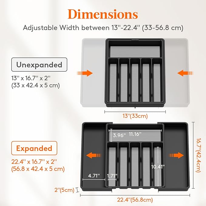 Lifewit Silverware Drawer Organizer, Expandable Utensil Tray for Kitchen, BPA Free Flatware and Cutlery Holder, Adjustable Plastic Storage for Spoons Forks Knives, 33 -57 x 42cm, Black and Gray - Image 3