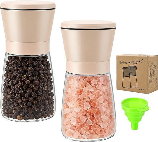 R DRURLCD 2PK Beige Salt and Pepper Grinder Set, Short Glass Shakers with Stainless Steel & Glass Mills, Adjustable Coarseness for Kitchen, Dining & BBQ W/Funnel