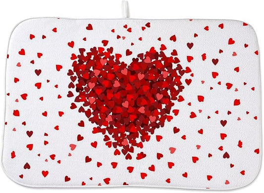 Valentines Day Dish Drying Mat 18 x 24 inch Red Hearts Decorative Drying Mats Microfiber Absorbent Love Heart Dish Washable Draining Mat for Kitchen Counter Decor