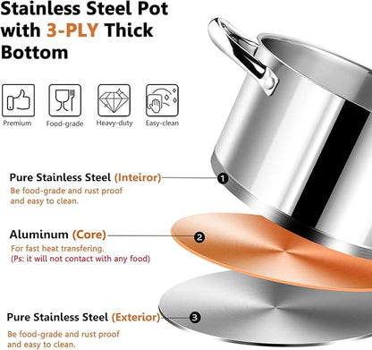 P&P CHEF 5 Quarts Cooking Stock Pot with Lid, Stainless Steel Stockpot Induction Pot for Soup, Tri-Ply Bottom & Clear Glass Lid & Double Handle, Dishwasher Safe - Image 4
