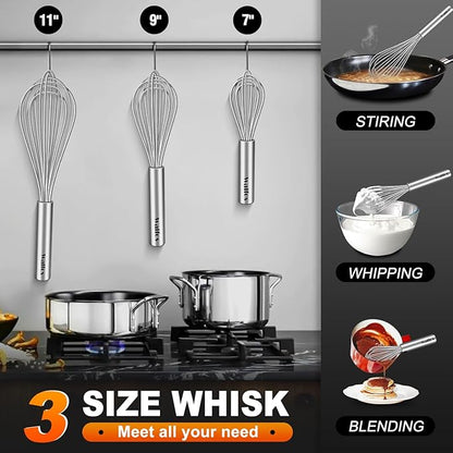 Walfos Whisk,304 Stainless Steel whisk,No-Rust 7+9+11inch Whisks for cooking Nice for Blending,Whisking,Beating.Heat resistant 600°F Dishwasher Safe. Heavy duty kitchen whisk.17.7+22.8+27.9cm -SILVER - Image 4