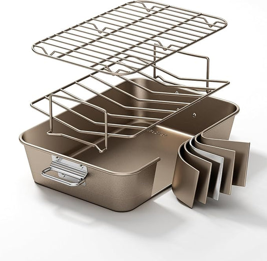 Turkey Roasting Pan with Rack Non stick Carbon Steel Roaster 16x11 Inch, Dishwasher Safe, Deep Baking Broiler Pan for Oven Chicken, Bacon, Golden