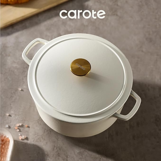 CAROTE 5QT Enameled Cast Iron Dutch Oven Pot with Lid, Cream White - Image 5
