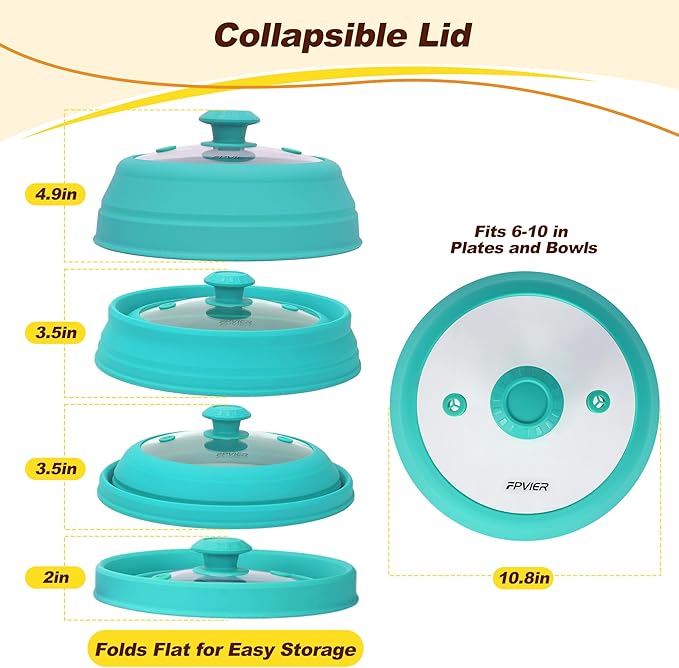 Microwave Splatter cover, Glass Microwave Cover for Food, 10.8 inch Guard Lid with Collapsible Silicone for 6-10 inch Plates & Bowls, Dishwasher Safe, 450°F Heat Resistant, BPA-Free, Blue