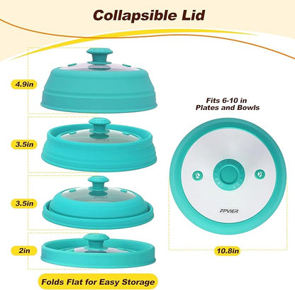Microwave Splatter cover, Glass Microwave Cover for Food, 10.8 inch Guard Lid with Collapsible Silicone for 6-10 inch Plates & Bowls, Dishwasher Safe, 450°F Heat Resistant, BPA-Free, Blue