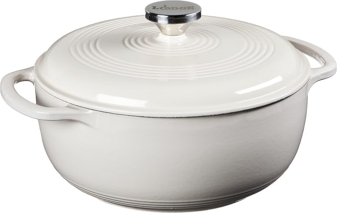 Lodge 4.5 Quart Enameled Cast Iron Dutch Oven with Lid – Dual Handles – Oven Safe up to 500° F or on Stovetop - Use to Marinate, Cook, Bake, Refrigerate and Serve – Oyster White by Lodge