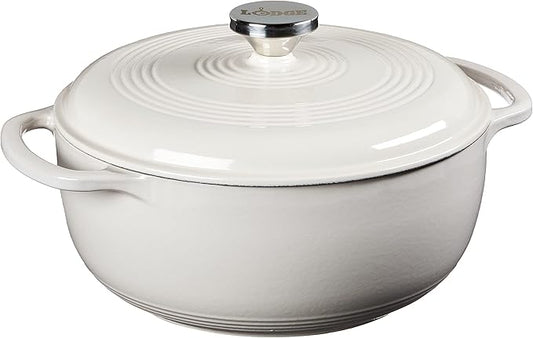 Lodge 4.5 Quart Enameled Cast Iron Dutch Oven with Lid – Dual Handles – Oven Safe up to 500° F or on Stovetop - Use to Marinate, Cook, Bake, Refrigerate and Serve – Oyster White by Lodge