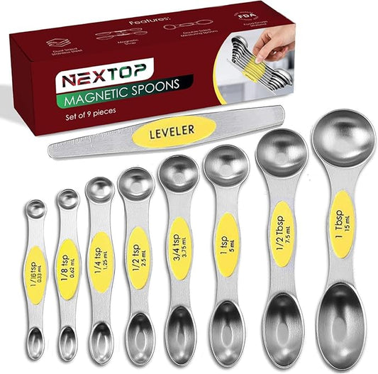 Magnetic Measuring Spoons Set of 9 Stainless Steel Dual-Sided Stackable Measuring Spoon Nesting Teaspoons Measuring Dry and Liquid Ingredients, Fits in Spice Jars Set of 9 (Yellow) by Nextop