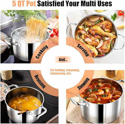 P&P CHEF 5 Quarts Cooking Stock Pot with Lid, Stainless Steel Stockpot Induction Pot for Soup, Tri-Ply Bottom & Clear Glass Lid & Double Handle, Dishwasher Safe - Image 6