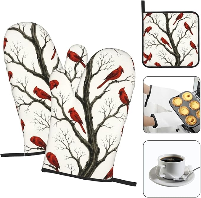 Christmas Pot Holders and Oven Mitts Set of 3,Winter Red Cardinal Kitchen Gloves Hot Pads for Oven Baking Cooking BBQ Grilling,Cardinals Kitchen Decor & Christmas Cardinal Gifts for Women