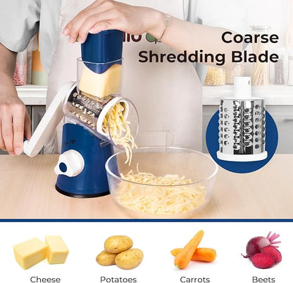 X Home Rotary Cheese Grater for Kitchen, Shredder with 3 Interchangeable Blades, Rotary Grater with Handle and Strong Suction Base, for Vegetables, Fruit, Nuts, Easy to Use and Clean, Dark Blue - Image 3