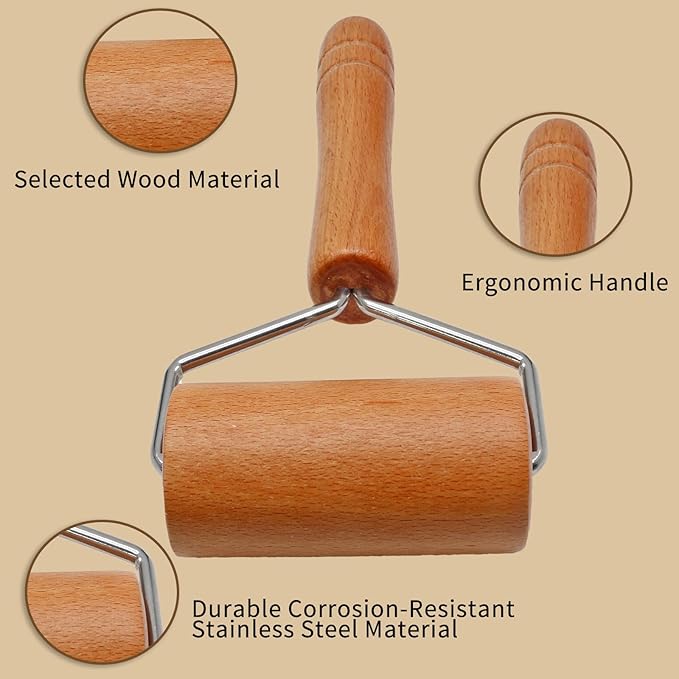 Wooden Rolling Pin, Ergonomic Non-Stick Pizza Baker Dough Pastry Roller for Kitchen Home Cooking Baking (T Round Type)