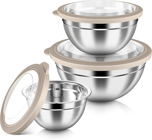 HaWare Mixing Bowls with Airtight Clear Lids, 6-Piece Stainless Steel Strong Nesting Bowls Set, Metal Salad Bowl for Cooking, Prepping, Baking, Serving & Food Storage, Size 4.6, 3, 1.5QT, Khaki by HaWare