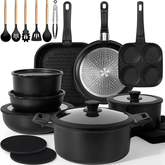 KIKCOIN Pots and Pans Set, 30 Pack Nonstick Cookware Set Detachable Handle, Induction RV Kitchen Cooking Set with Removable Handle, Frying Pans, Casserole - Dishwasher/Oven Safe, PFOA Free by Kikcoin
