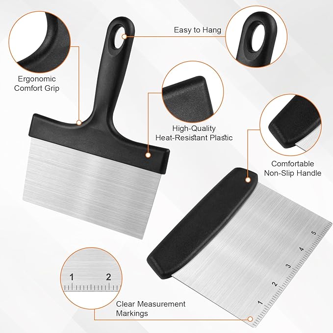Grill Scraper&Bench Scraper Set，Food Scraper with Handle for Blackstone, Flat Top Grill Cleaning，Premium Stainless Steel Dough Cutter with Measuring Scale for Pastry,Cake,Pizza,Bread,Cooking - Image 3