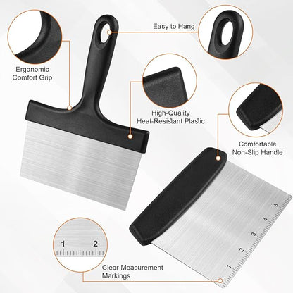 Grill Scraper&Bench Scraper Set，Food Scraper with Handle for Blackstone, Flat Top Grill Cleaning，Premium Stainless Steel Dough Cutter with Measuring Scale for Pastry,Cake,Pizza,Bread,Cooking - Image 3