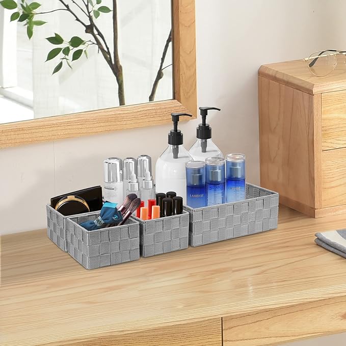 Posprica Drawer Organizer Bins,Woven Strap Storage Box Cube Basket Containers Divider for Organizing drawers, Shelves, Closets, Cabinets, Dressers and Countertops,set of 4, Light Grey - Image 6