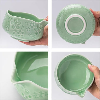 TEANAGOO Matcha Whisk Set,7 Pcs Matcha Set Blue Green,Ceremony Matcha Kit,Matcha Tea Set for Making Latte,Ceramic Bowl(chawan) whith Spout and Whisk,Gift for Matcha Lovers
