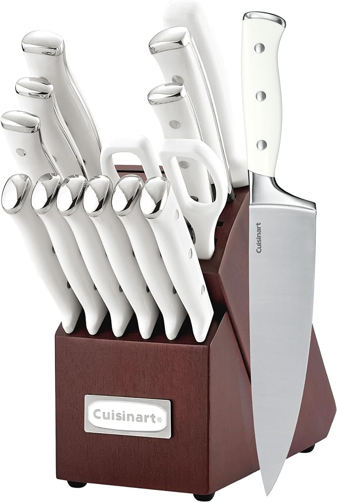 Cuisinart 15-Piece Knife Set with Block, High Carbon Stainless Steel, Forged Triple Rivet, White/Cherry C77WTR-15PCW by Cuisinart