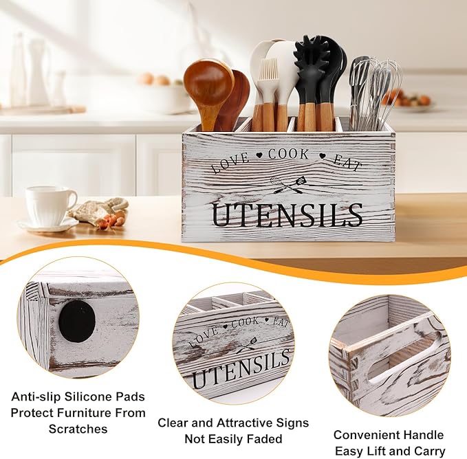 Rustic White Wooden Utensil Holder for Kitchen Counter Decor Extra Large Utensil Crock Organizer Silverware Caddy Farmhouse Wood Cutlery Holder Cooking Utensil Stand Storage kitchen Tools Holder - Image 2