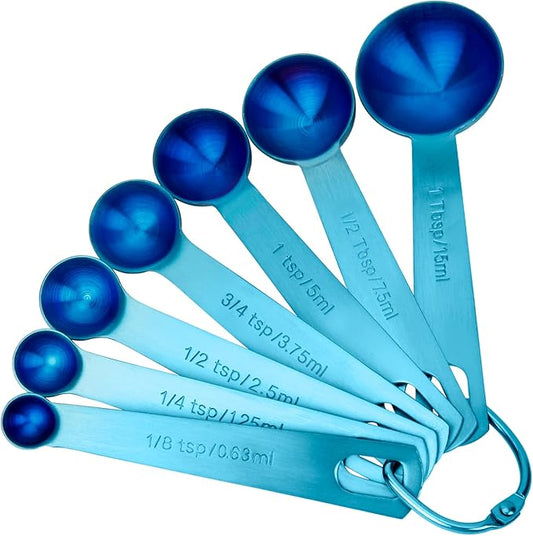 Measuring Spoons, SUS304 Stainless Steel Measuring Cups Set of 7 Piece： 1Tbsp&1/2Tbsp,1tsp,3/4tsp,1/2tsp,1/4tsp,1/8tsp Teaspoon Coffee Scoop Tablespoon for Dry and Liquid Ingredients, Blue by blueden