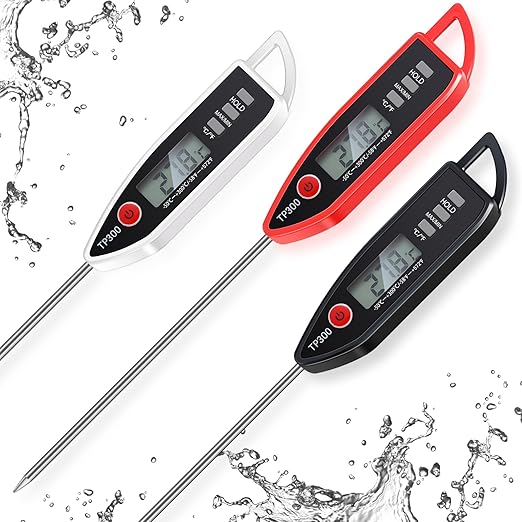 Copkim 3 Pcs Instant Read Meat Thermometer with Long Probe 9.65 Inch Kitchen Cooking Food Candy Waterproof Digital Thermometer for BBQ Water Milk Yogurt Liquid (Pointed,Black,White,Red) by Copkim