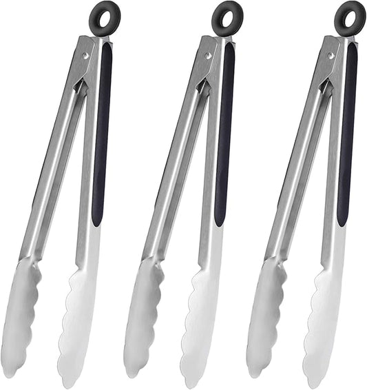 HINMAY Stainless Steel Kitchen Tongs 9-Inch Cooking Tongs, Set of 3 by HINMAY