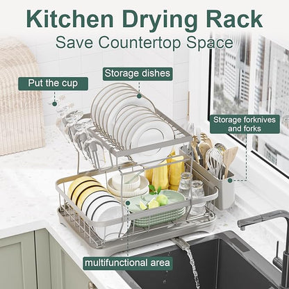 LIYI Dish Drying Rack,Large Dish Rack for Kitchen Counter,2-Tier Dish Racks with draining Tray,Detachable Capacity Dish Drainer Organizer,Grey