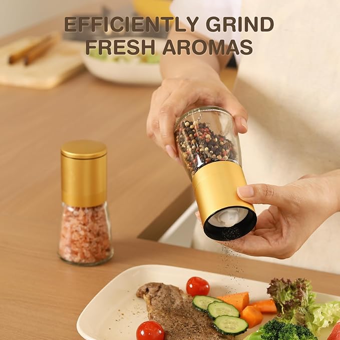 Vucchini Gold Salt and Pepper Grinder Mill - Adjustable Coarseness Ceramic Brass Spice Grinder Shaker - Refillable Glass Pepper Grinders for Home Golden Kitchen Accessories - Image 4
