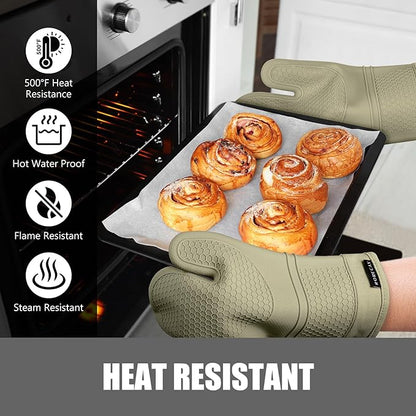 Rorecay 6pcs Oven Mitts and Pot Holders Sets Heat Resistant 500 Degrees, Extra Long Silicone Oven Gloves Non-Slip Potholders Hot Pads for Kitchen Baking Cooking, Quilted Liner, Martini Olive - Image 5