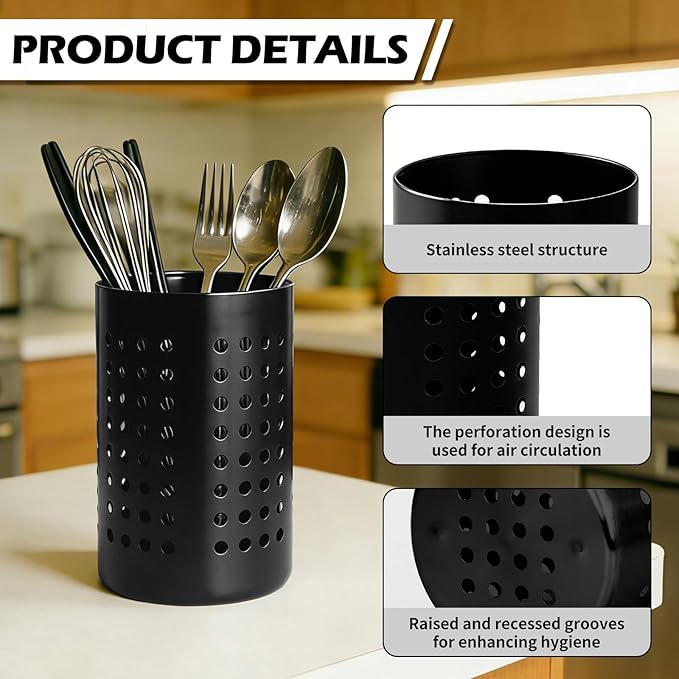 2PCS Black Stainless Steel Utensil Holder and Utensil Drying Holder, as a Kitchen Countertop Organizer and Silverware Drainer for Daily Home Use - Image 3