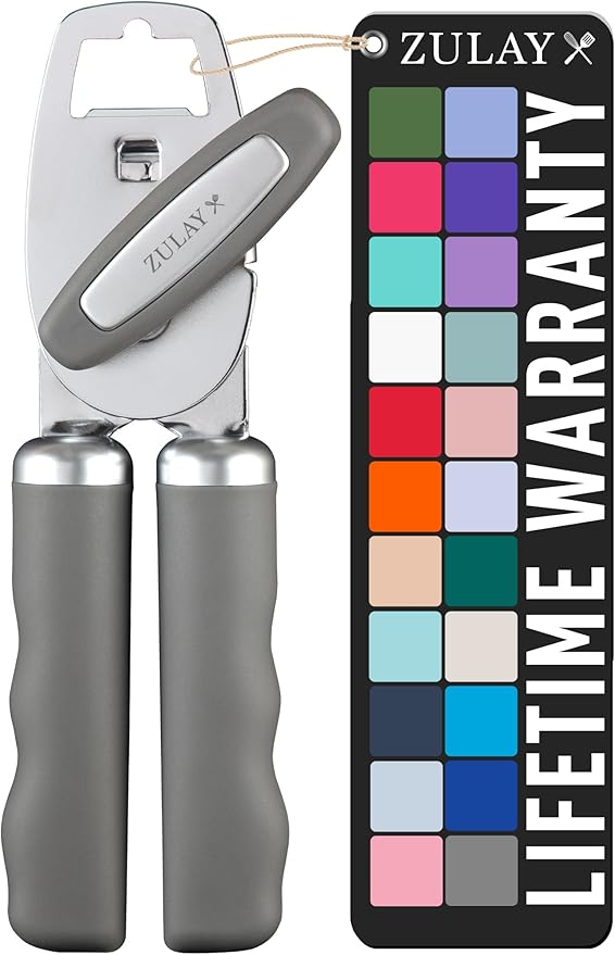 Zulay Kitchen Heavy Duty Stainless Steel Can Opener Manual with Bottle Opener - Rust Proof Manual Can Opener With Turn Knob & Comfy Soft Grip Handles - Light Gray by ZulayKitchen