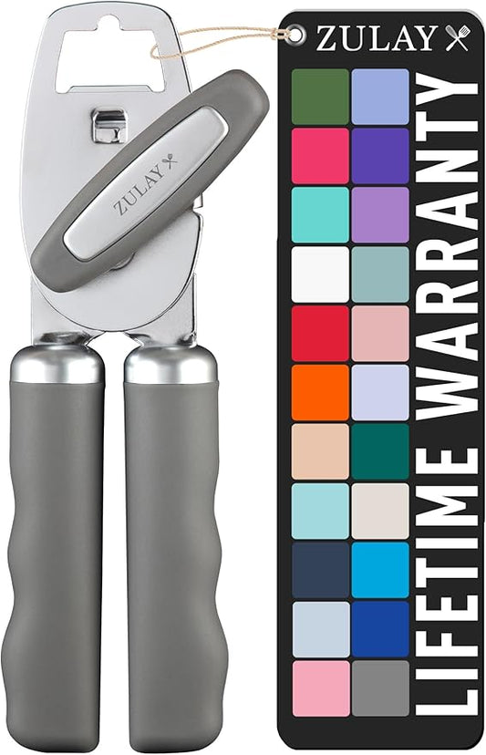 Zulay Kitchen Heavy Duty Stainless Steel Can Opener Manual with Bottle Opener - Rust Proof Manual Can Opener With Turn Knob & Comfy Soft Grip Handles - Light Gray by ZulayKitchen
