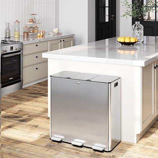 Garvee Trash Can, 24 gal Triple Compartments (3X30 L) Stainless Steel Kitchen Trash Can for Recycling, 8+8+8 gal Plastic Inner Buckets, Quiet Close, Brushed, Airtight, Silver by Garvee