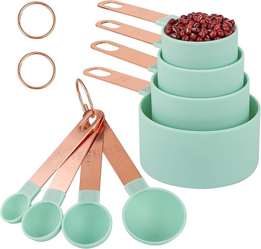 8-Piece Stackable Rose Gold Stainless Steel Handled Measuring Cups and Spoons for Measuring Dry and Liquid Ingredients (green)