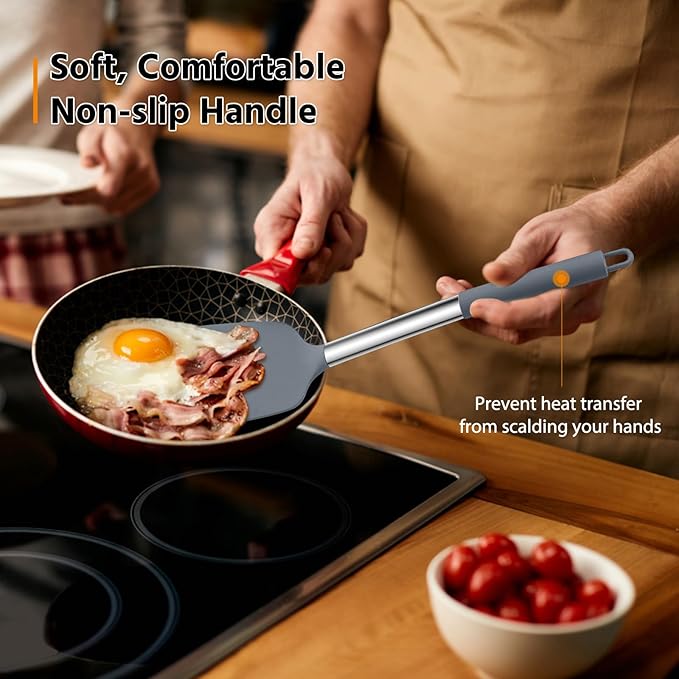 Silicone Spatula Set of 2, E-far Solid & Slotted Turner for Nonstick Cookware, Heat Resistant Rubber Kitchen Cooking Utensils for Flipping Fish Pancake Egg - Grey - Image 4