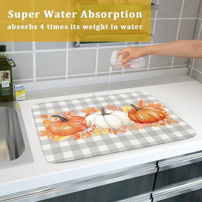 Fall Dish Drying Mat for Kitchen Counter Autumn Orange White Pumpkins Festival Microfiber Absorbent Dish Draining Reusable Washable Foldable Extra Large 18"x24" - Image 7