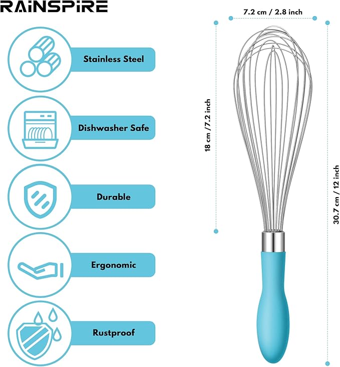 Rainspire 12-Inch Wire Whisk Stainless Steel, Balloon Whisks for Cooking, Wisk Wisking Tool With Soft Silicone Handle, Thick Durable Whisker for Blending, Beating, Whisking, Stirring, Blue - Image 2