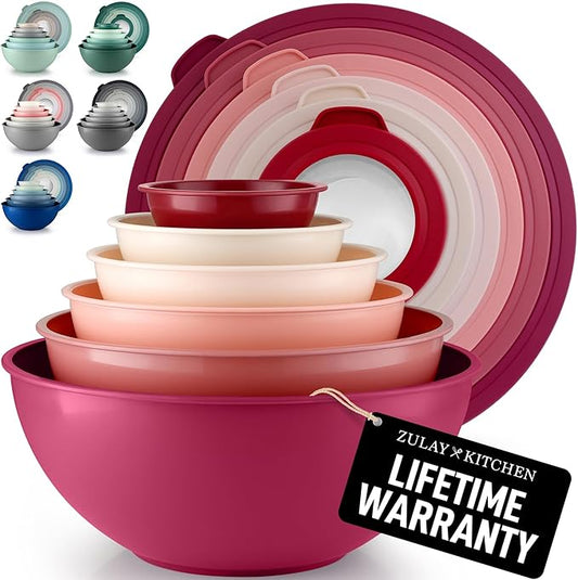 Zulay Kitchen 12 Piece Plastic Mixing Bowls with Lids Set - Leak-Proof Microwave & Freezer Safe Stackable Mixing Bowl Set for Preparing, Serving and Storing - Non-Slip Large Nesting Bowls (Red Ombre) by ZulayKitchen