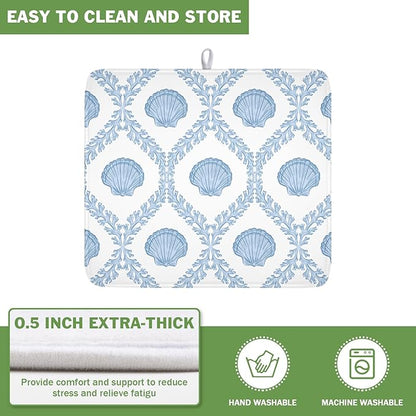 Summer Sea Shell Drying Mat 18x16 Inch, Light Blue Drying Mat with Absorbent Reversible Microfiber, Coastal Dish Drainer Mats Holiday Ocean Rack Pad for Coffee Countertop Kitchen Protector